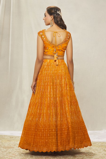Shop_Aariyana Couture_Yellow Viscose, Georgette, Organza Floral Thread Embroidered Blouse Lehenga Set _at_Aza_Fashions