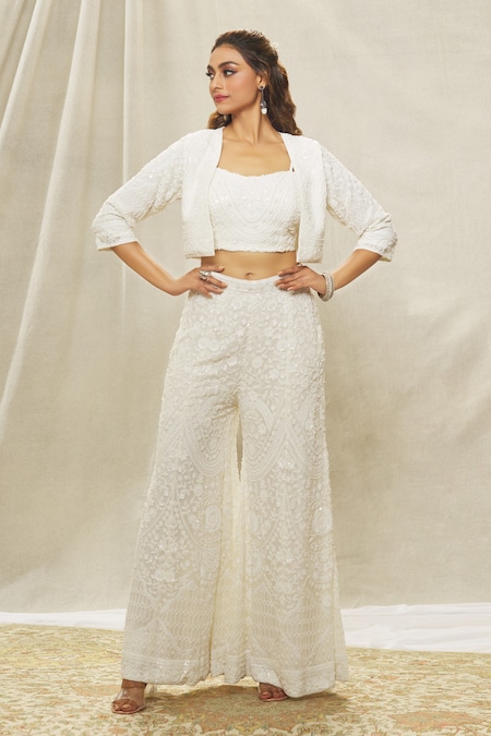 Alaya Advani White Georgette Hand Embroidered Cut Dana Jacket Open Bead Sharara Set