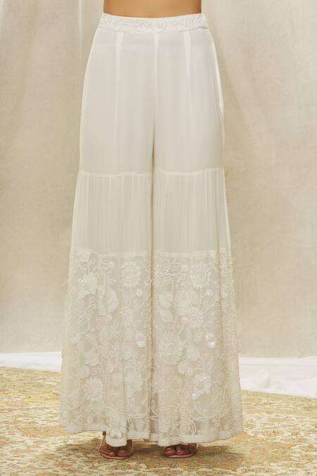 Aariyana Couture_White Georgette, Organza Beads, Sequins, Cut Work Embroidered Jacket Gharara Set _Online_at_Aza_Fashions