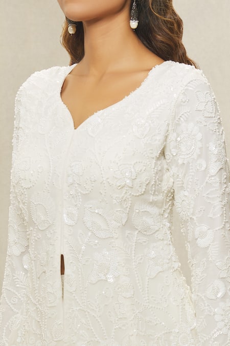 Buy_Aariyana Couture_White Georgette, Organza Beads, Sequins, Cut Work Embroidered Jacket Gharara Set _Online_at_Aza_Fashions