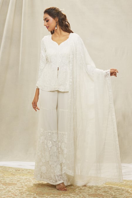 Shop_Aariyana Couture_White Georgette, Organza Beads, Sequins, Cut Work Embroidered Jacket Gharara Set _Online_at_Aza_Fashions