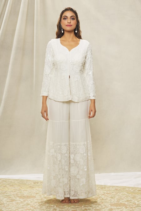 Aariyana Couture_White Georgette, Organza Beads, Sequins, Cut Work Embroidered Jacket Gharara Set _at_Aza_Fashions