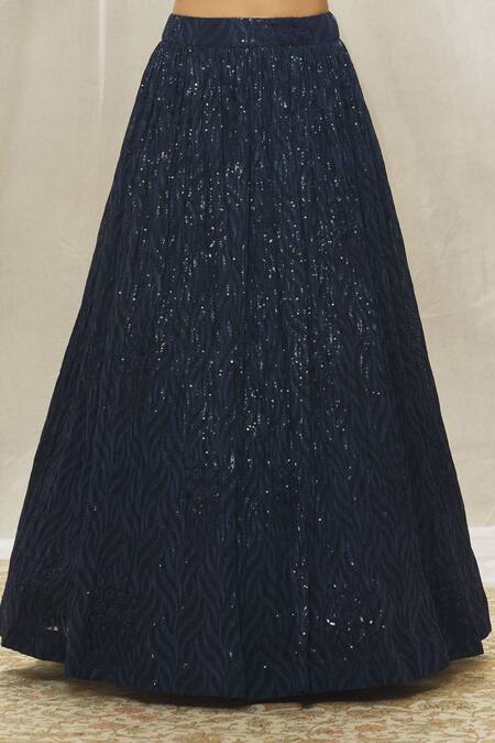 Aariyana Couture_Blue Georgette Beads, Zari, Sequins Floral Embroidered Blouse Lehenga Set_Online_at_Aza_Fashions