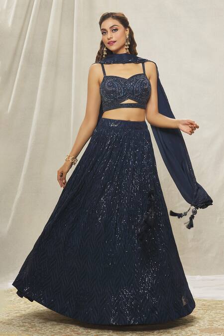Buy_Aariyana Couture_Blue Georgette Beads, Zari, Sequins Floral Embroidered Blouse Lehenga Set_Online_at_Aza_Fashions
