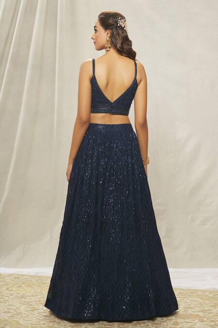 Shop_Aariyana Couture_Blue Georgette Beads, Zari, Sequins Floral Embroidered Blouse Lehenga Set_at_Aza_Fashions