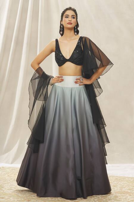 Black & Grey Floral Embroidered Net Lehenga – Maharani