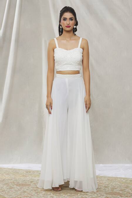 Aariyana Couture White Georgette Beads, Sequins Sweetheart Floral Embroidered Jacket Sharara Set Online at Aza Fashions Aariyana Couture_White Georgette Beads, Sequins Sweetheart Floral Embroidered Jacket Sharara Set_Online_at_Aza_Fashions