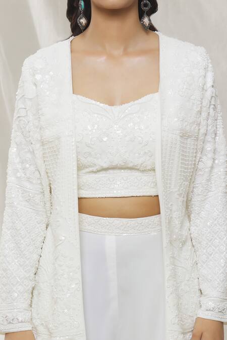Shop Aariyana Couture White Georgette Beads, Sequins Sweetheart Floral Embroidered Jacket Sharara Set Online at Aza Fashions Shop_Aariyana Couture_White Georgette Beads, Sequins Sweetheart Floral Embroidered Jacket Sharara Set_Online_at_Aza_Fashions