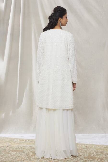 Shop Aariyana Couture White Georgette Beads, Sequins Sweetheart Floral Embroidered Jacket Sharara Set at Aza Fashions Shop_Aariyana Couture_White Georgette Beads, Sequins Sweetheart Floral Embroidered Jacket Sharara Set_at_Aza_Fashions