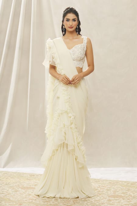 Alaya Advani Cream Crepe Hand Embroidered Pearl Pre-draped Ruffle Saree And Blouse Set
