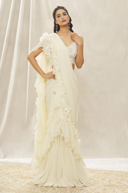 Buy Aariyana Couture Cream Crepe Embroidery, Pearls, Sequins, Pre-draped Ruffle Saree And Blouse Set Online at Aza Fashions Buy_Aariyana Couture_Cream Crepe Embroidery, Pearls, Sequins, Pre-draped Ruffle Saree And Blouse Set_Online_at_Aza_Fashions