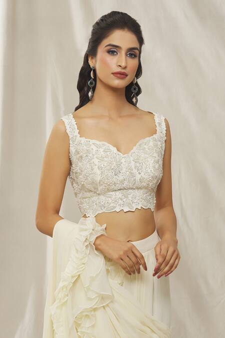 Aariyana Couture Cream Crepe Embroidery, Pearls, Sequins, Pre-draped Ruffle Saree And Blouse Set at Aza Fashions Aariyana Couture_Cream Crepe Embroidery, Pearls, Sequins, Pre-draped Ruffle Saree And Blouse Set_at_Aza_Fashions