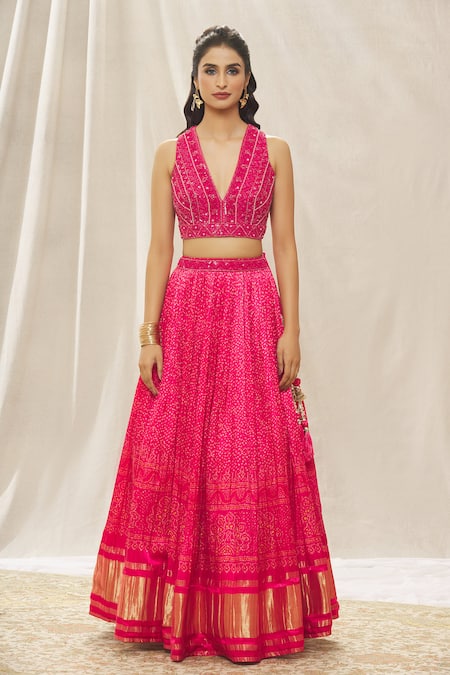 Aariyana Couture_Pink Silk, Viscose, Net Embroidery, Pearls, Sequins Bandhani Print Lehenga Set_Online_at_Aza_Fashions