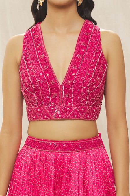 Buy_Aariyana Couture_Pink Silk, Viscose, Net Embroidery, Pearls, Sequins Bandhani Print Lehenga Set_Online_at_Aza_Fashions
