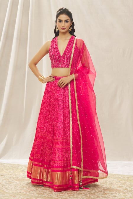 Shop_Aariyana Couture_Pink Silk, Viscose, Net Embroidery, Pearls, Sequins Bandhani Print Lehenga Set_Online_at_Aza_Fashions