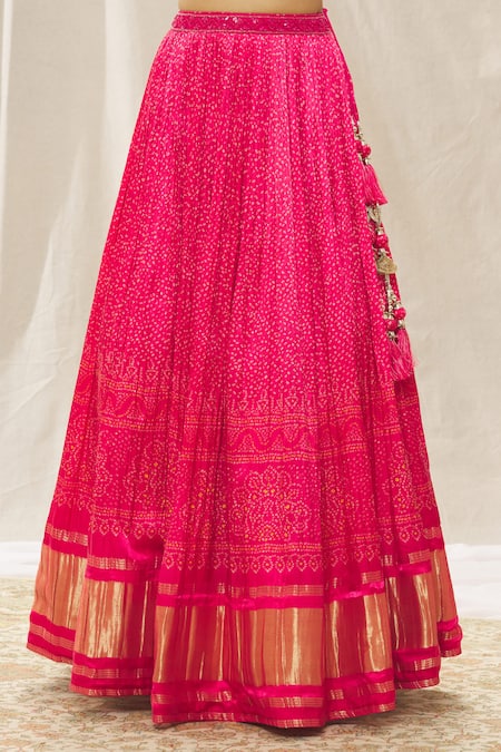 Aariyana Couture_Pink Silk, Viscose, Net Embroidery, Pearls, Sequins Bandhani Print Lehenga Set_at_Aza_Fashions