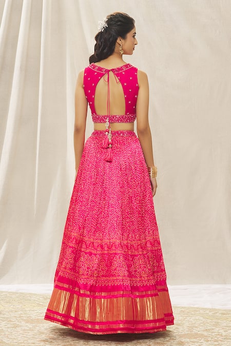 Shop_Aariyana Couture_Pink Silk, Viscose, Net Embroidery, Pearls, Sequins Bandhani Print Lehenga Set_at_Aza_Fashions