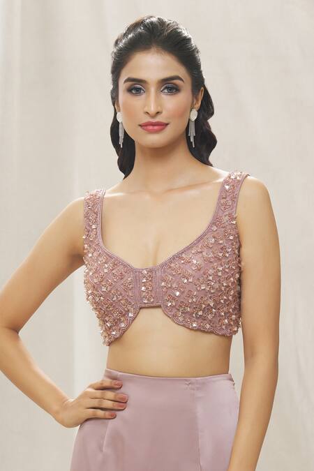 Shop_Aariyana Couture_Pink Satin Beads, Sequins Round Embroidered Blouse With Pre-draped Skirt Saree _Online_at_Aza_Fashions