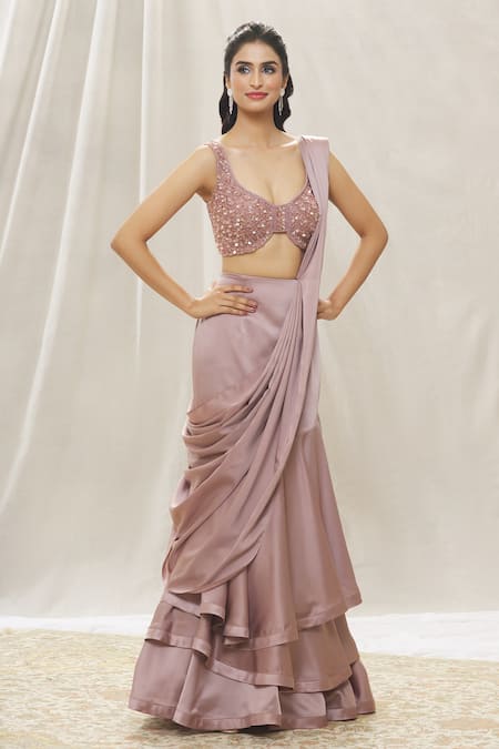 Aariyana Couture_Pink Satin Beads, Sequins Round Embroidered Blouse With Pre-draped Skirt Saree _at_Aza_Fashions