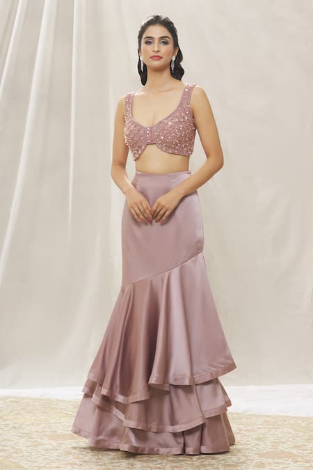 Buy_Aariyana Couture_Pink Satin Beads, Sequins Round Embroidered Blouse With Pre-draped Skirt Saree 