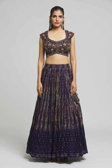 Aariyana Couture_Blue Viscose, Georgette, Organza Sequins, Floral Thread Work Blouse Lehenga Set _Online_at_Aza_Fashions