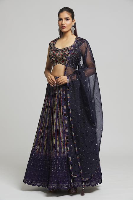 Buy_Aariyana Couture_Blue Viscose, Georgette, Organza Sequins, Floral Thread Work Blouse Lehenga Set _Online_at_Aza_Fashions