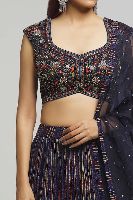 Shop_Aariyana Couture_Blue Viscose, Georgette, Organza Sequins, Floral Thread Work Blouse Lehenga Set _Online_at_Aza_Fashions
