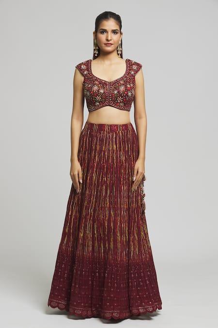 Aariyana Couture_Maroon Viscose, Organza, Georgette Sequins, Floral Mirror Blouse Lehenga Set _Online_at_Aza_Fashions