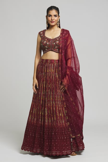 Buy_Aariyana Couture_Maroon Viscose, Organza, Georgette Sequins, Floral Mirror Blouse Lehenga Set _Online_at_Aza_Fashions