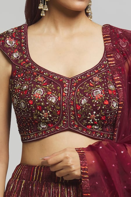 Shop_Aariyana Couture_Maroon Viscose, Organza, Georgette Sequins, Floral Mirror Blouse Lehenga Set _Online_at_Aza_Fashions