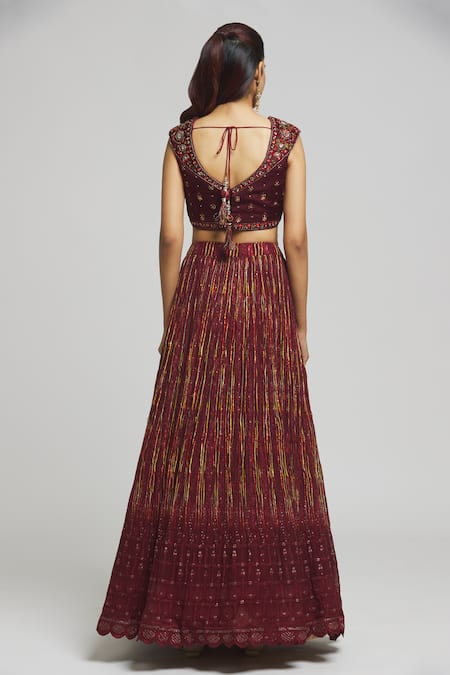 Shop_Aariyana Couture_Maroon Viscose, Organza, Georgette Sequins, Floral Mirror Blouse Lehenga Set _at_Aza_Fashions