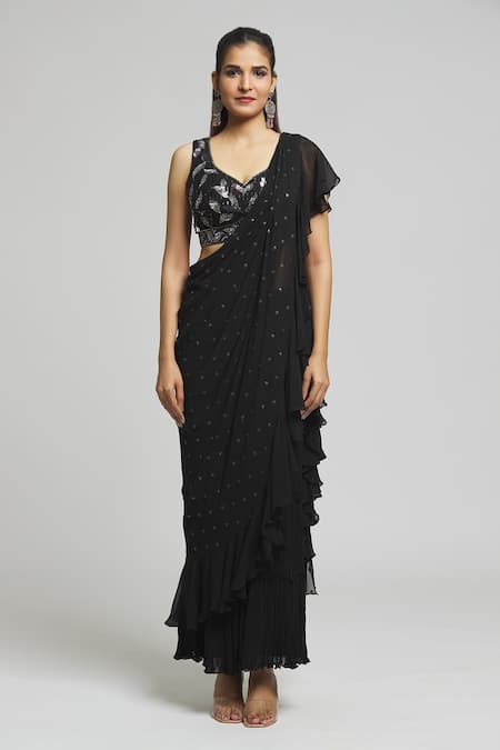 Buy Aariyana Couture Black Georgette Sequins, Cut Embroidered Ruffle Pre-draped Saree With Blouse Online at Aza Fashions Buy_Aariyana Couture_Black Georgette Sequins, Cut Embroidered Ruffle Pre-draped Saree With Blouse_Online_at_Aza_Fashions