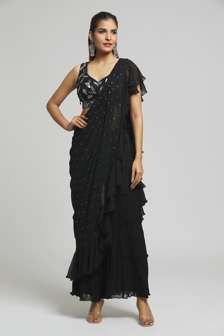 Shop Aariyana Couture Black Georgette Sequins, Cut Embroidered Ruffle Pre-draped Saree With Blouse Online at Aza Fashions Shop_Aariyana Couture_Black Georgette Sequins, Cut Embroidered Ruffle Pre-draped Saree With Blouse_Online_at_Aza_Fashions