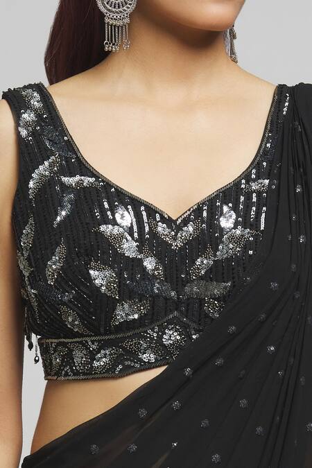Aariyana Couture Black Georgette Sequins, Cut Embroidered Ruffle Pre-draped Saree With Blouse at Aza Fashions Aariyana Couture_Black Georgette Sequins, Cut Embroidered Ruffle Pre-draped Saree With Blouse_at_Aza_Fashions