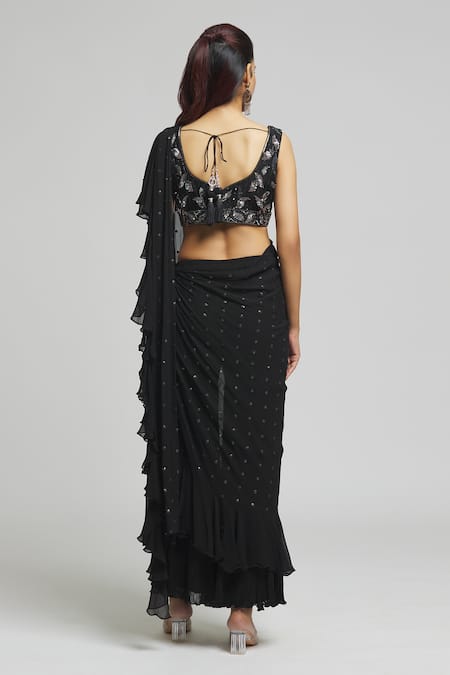 Shop Aariyana Couture Black Georgette Sequins, Cut Embroidered Ruffle Pre-draped Saree With Blouse at Aza Fashions Shop_Aariyana Couture_Black Georgette Sequins, Cut Embroidered Ruffle Pre-draped Saree With Blouse_at_Aza_Fashions