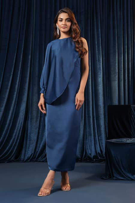 Shop B'Infinite Blue Satin Asymmetric Regal Azure Dress Online at Aza Fashions Shop_B'Infinite_Blue Satin Asymmetric Regal Azure Dress _Online_at_Aza_Fashions