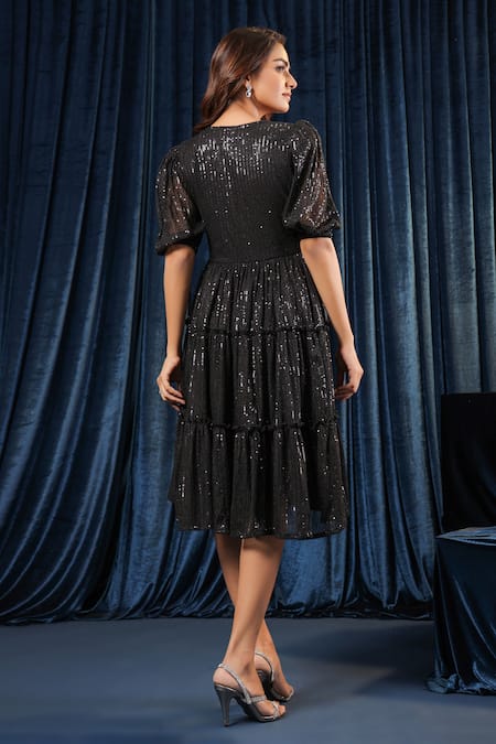 Shop B'Infinite Black Lycra Sequins V-neck Eclipse Dazzling Tiered Embroidered Dress at Aza Fashions Shop_B'Infinite_Black Lycra Sequins V-neck Eclipse Dazzling Tiered Embroidered Dress_at_Aza_Fashions