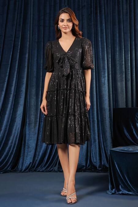 Buy B'Infinite Black Lycra Sequins V-neck Eclipse Dazzling Tiered Embroidered Dress Online at Aza Fashions Buy_B'Infinite_Black Lycra Sequins V-neck Eclipse Dazzling Tiered Embroidered Dress_Online_at_Aza_Fashions