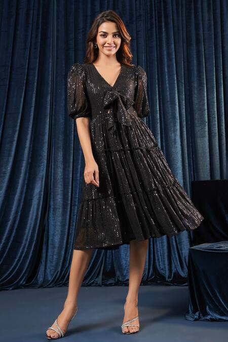 Shop B'Infinite Black Lycra Sequins V-neck Eclipse Dazzling Tiered Embroidered Dress Online at Aza Fashions Shop_B'Infinite_Black Lycra Sequins V-neck Eclipse Dazzling Tiered Embroidered Dress_Online_at_Aza_Fashions