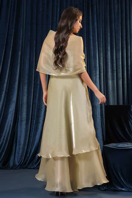 Shop_B'Infinite_Green Organza, Lycra V-neck Gleam Aura Flow Dress _at_Aza_Fashions