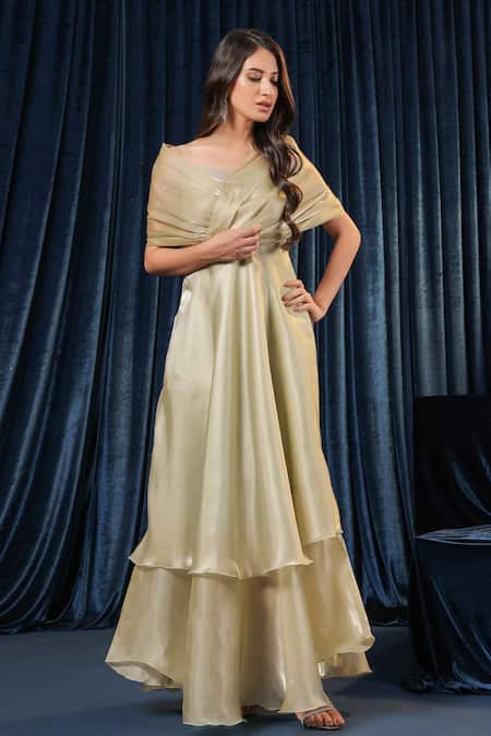 B'Infinite_Green Organza, Lycra V-neck Gleam Aura Flow Dress _Online_at_Aza_Fashions