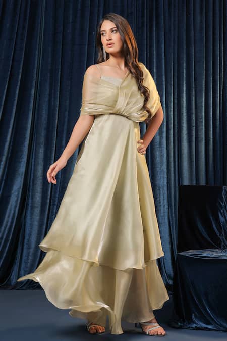 Buy_B'Infinite_Green Organza, Lycra V-neck Gleam Aura Flow Dress _Online_at_Aza_Fashions