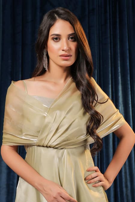 Shop_B'Infinite_Green Organza, Lycra V-neck Gleam Aura Flow Dress _Online_at_Aza_Fashions