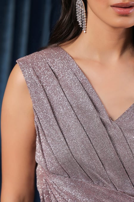 B'Infinite_Silver Lycra Glitter V-neck Mercury Shimmer Embroidered Dress_at_Aza_Fashions