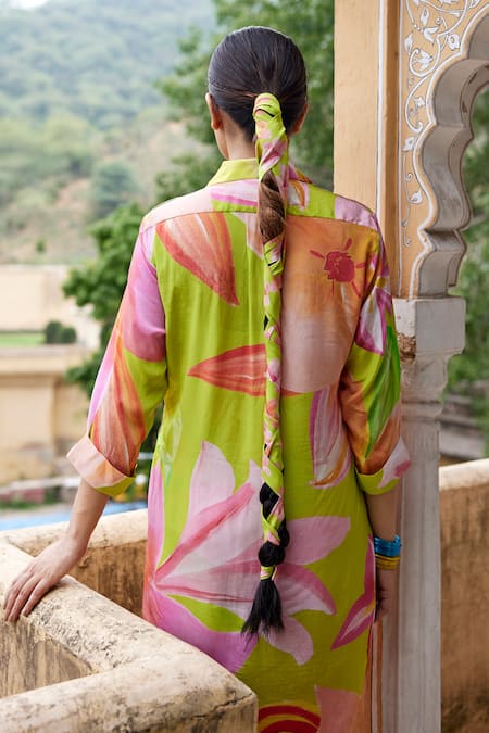 Shop Nimbu Mirchi Green Crepe Collared Floral Print Laced Kurta And Pant Set at Aza Fashions Shop_Nimbu Mirchi_Green Crepe Collared Floral Print Laced Kurta And Pant Set_at_Aza_Fashions