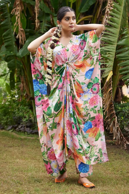 Buy_Nimbu Mirchi_Peach Crepe Beads V-neck Floral Knot Kaftan With Broad Pant _Online_at_Aza_Fashions