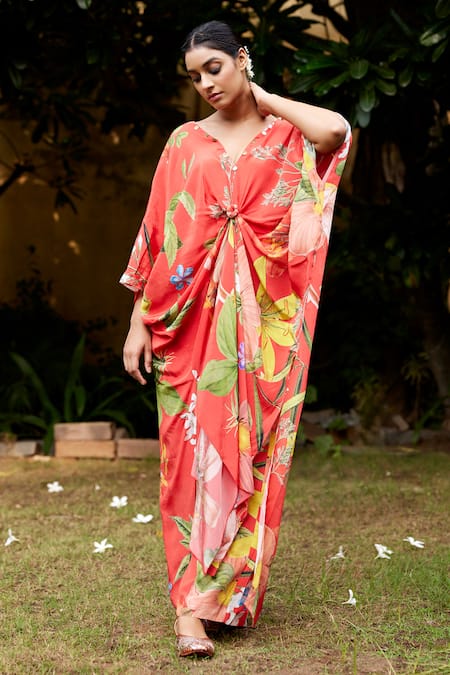 Nimbu Mirchi Floral Knot Gathered Kaftan & Pant Set 