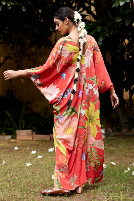 Shop Nimbu Mirchi Red Crepe V-neck Floral Knot Gathered Kaftan And Pant Set at Aza Fashions Shop_Nimbu Mirchi_Red Crepe V-neck Floral Knot Gathered Kaftan And Pant Set_at_Aza_Fashions