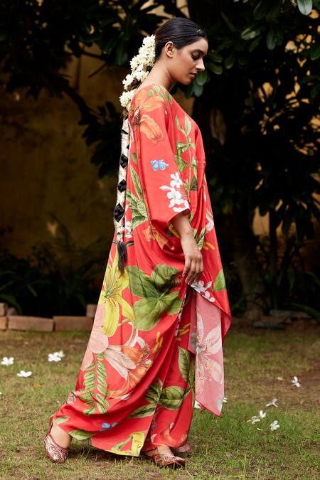 Nimbu Mirchi Red Crepe V-neck Floral Knot Gathered Kaftan And Pant Set Online at Aza Fashions Nimbu Mirchi_Red Crepe V-neck Floral Knot Gathered Kaftan And Pant Set_Online_at_Aza_Fashions