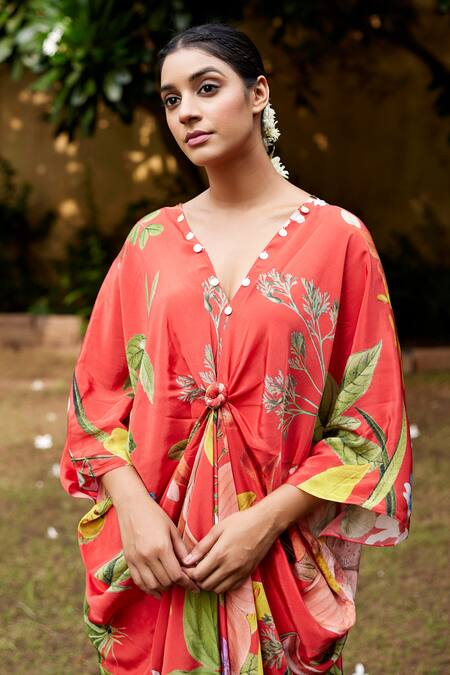 Buy Nimbu Mirchi Red Crepe V-neck Floral Knot Gathered Kaftan And Pant Set Online at Aza Fashions Buy_Nimbu Mirchi_Red Crepe V-neck Floral Knot Gathered Kaftan And Pant Set_Online_at_Aza_Fashions